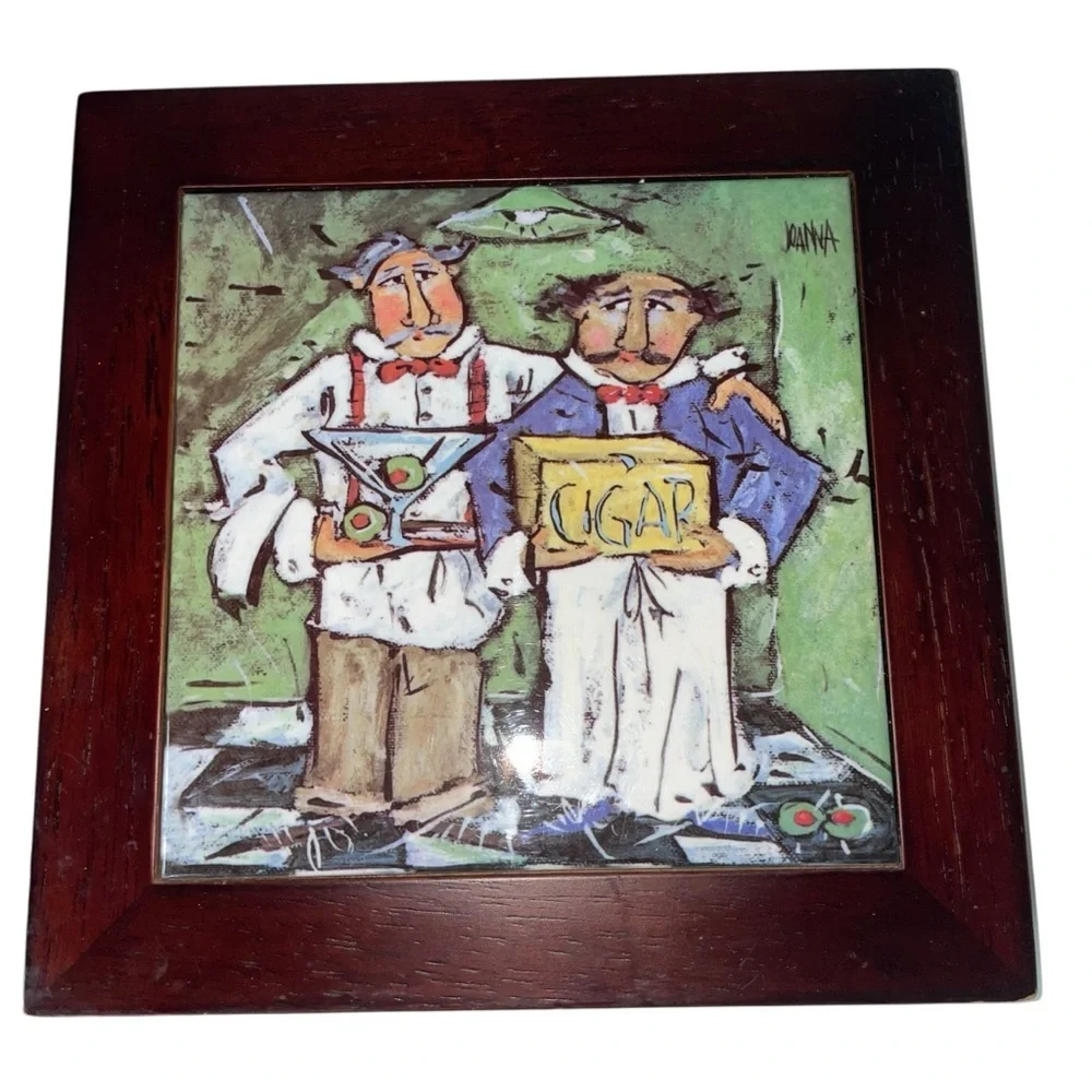 Vintage Framed Bartender Cigar Martini Art Tile – Signed by “Joanna” 8”x8” - Picture 3 of 12